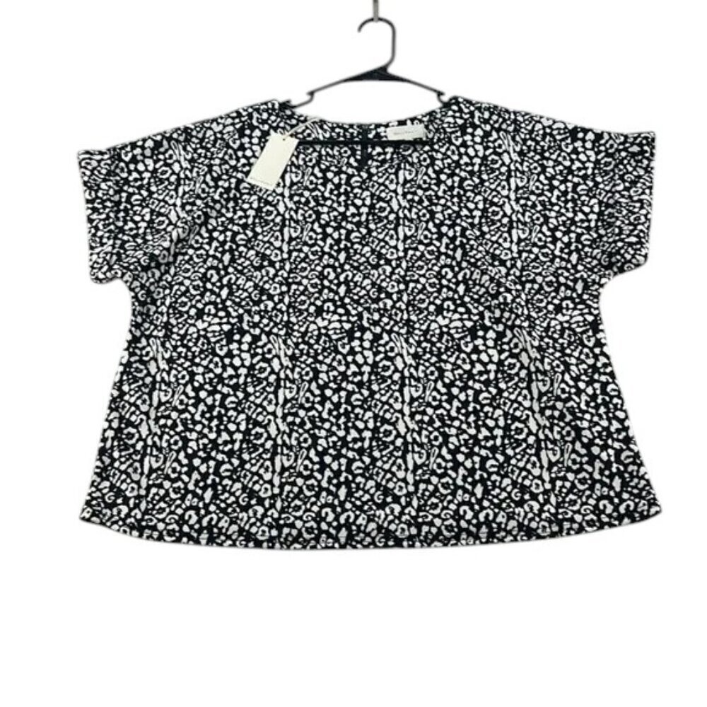 Melloday Top Black White Geometric Print Zip Back Short Sleeve Women’s XL